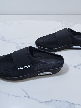 Black Slip-On Mesh Mules with 'FASHION' Band